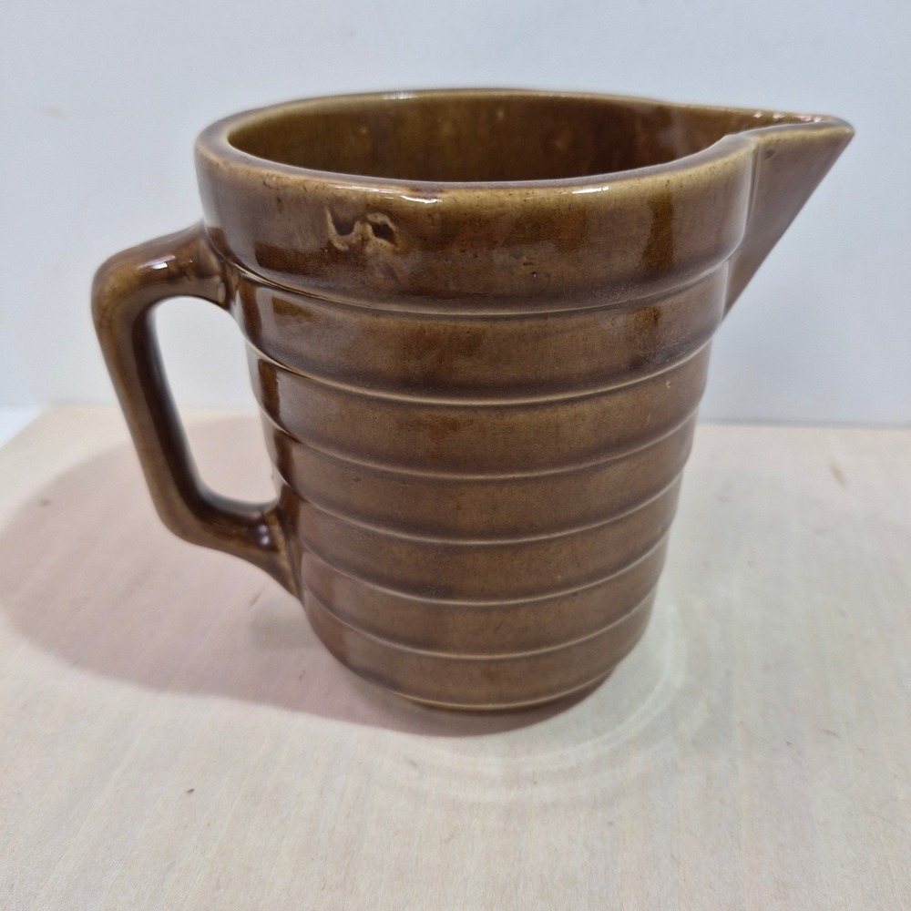 Vintage USA Ceramic Brown Ribbed Pitcher with Spout and Handle WT visible Cracks
